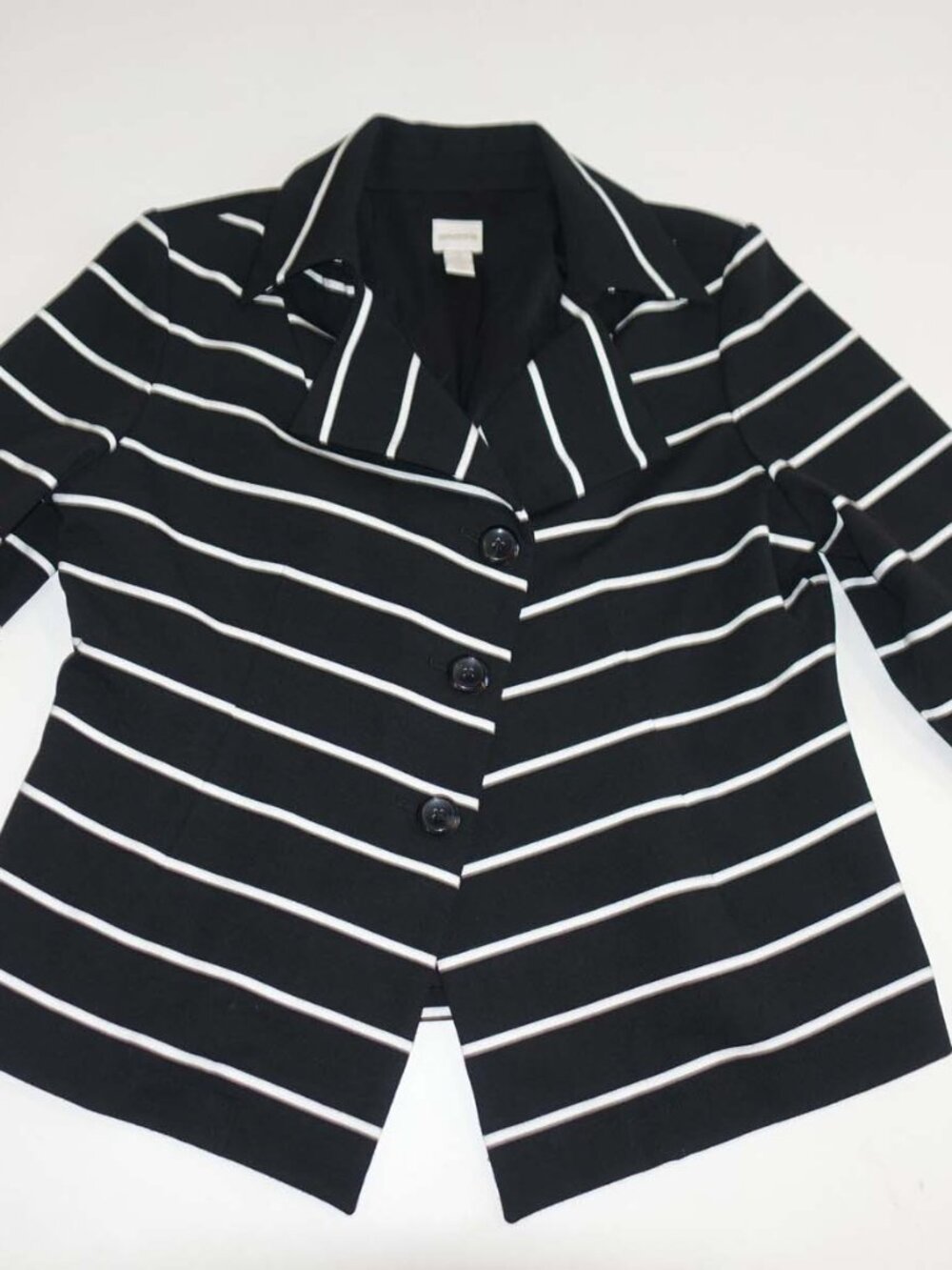 Chico's Women's 3 Button Blazer Jacket Size 2 / 12 Petite Black White Striped